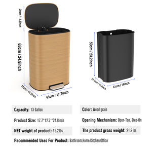 English Elm 13 13 Gallon 50L Stainless Steel Trash Can with Soft-Close Lid, Fingerprint-Proof, Foot Pedal, Large Capacity W1550P154901