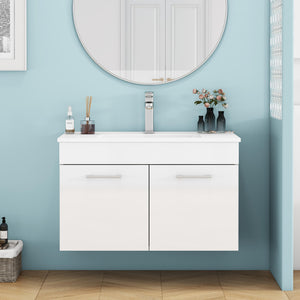 English Elm 32-Inch Wall-Mounted Bathroom Vanity With Ceramic Sink, Soft-Close Doors & Modern Glossy Finish W3151S00026