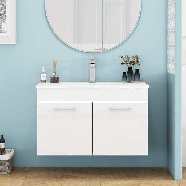 English Elm 32-Inch Wall-Mounted Bathroom Vanity With Ceramic Sink, Soft-Close Doors & Modern Glossy Finish W3151S00026