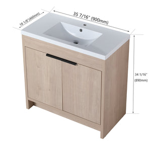 English Elm 36 Inch Freestanding Vanity with White Resin Sink, Soft-Close Doors, Adjustable Shelf, Water-Resistant Finish W999S00277