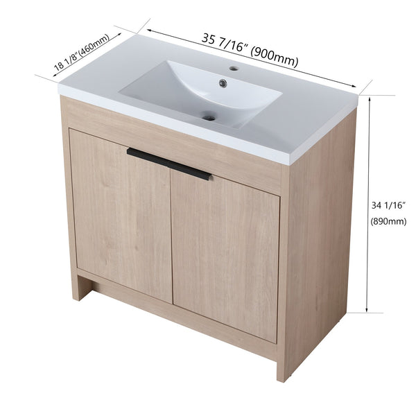 English Elm 36 Inch Freestanding Vanity with White Resin Sink, Soft-Close Doors, Adjustable Shelf, Water-Resistant Finish W999S00277