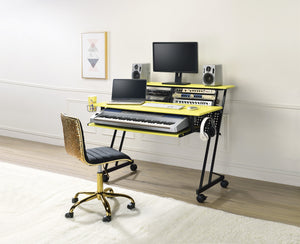 English Elm Suitor Studio Desk in Yellow & Black – Metal/MDF Recording Workstation with Keyboard Tray, Wheels B2726P268630