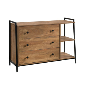 English Elm Dresser, Modern Brown Finish With Industrial Metal Frame And Open Shelves For Stylish Storage Solutions B356P367907