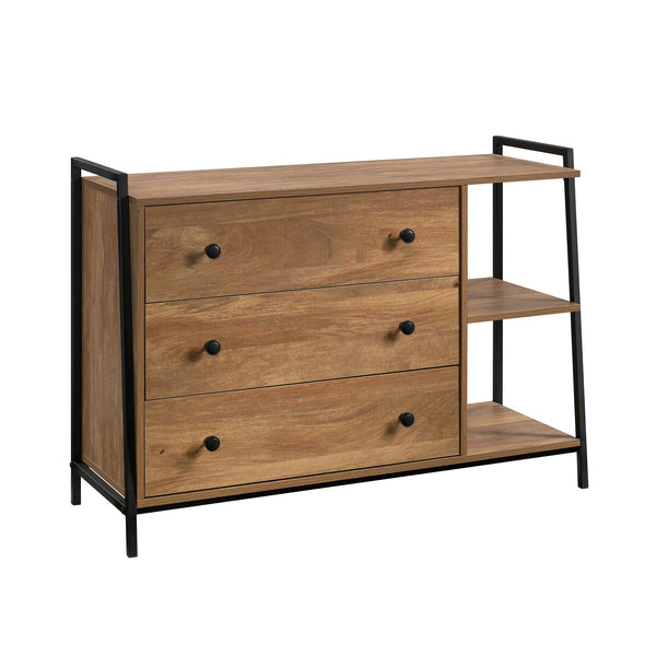 English Elm Dresser, Modern Brown Finish With Industrial Metal Frame And Open Shelves For Stylish Storage Solutions B356P367907