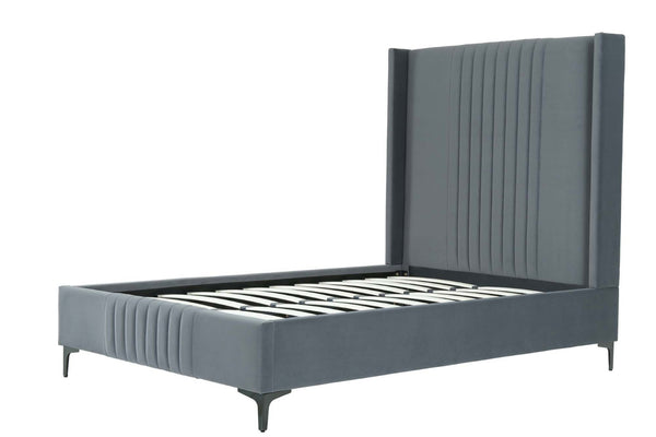 English Elm 48" Full Velvet Upholstered Bed Channel Tufted Headboard Mid-century Modern Bedroom Grey B365S00156