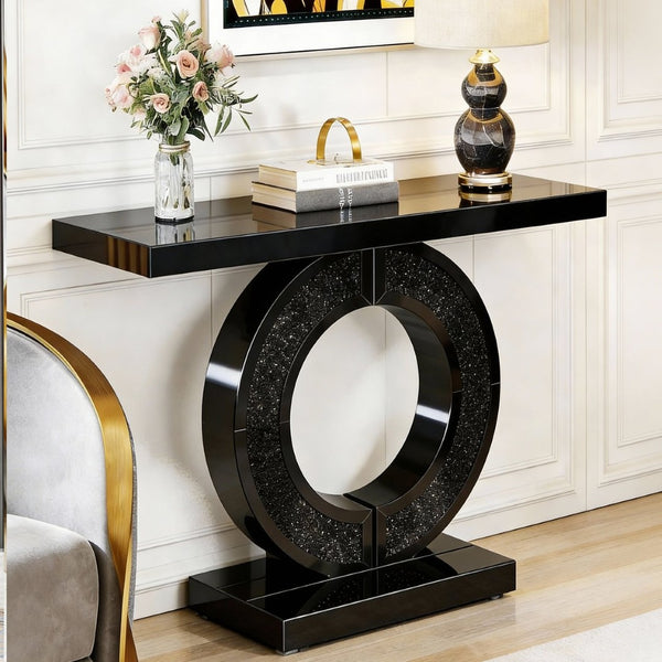English Elm Mirrored Console Table with Diamond Inlay Double O Base Glam Entryway Accent Black W3836P420858