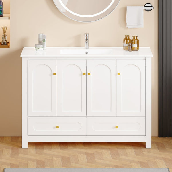 English Elm 48" White Mdf Bathroom Vanity with Integrated Resin Basin Six Storage Soft Close Doors W3133S00028