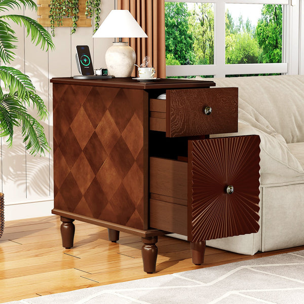 English Elm 2 Drawer Modern Sofa Side Table with Charging Station, Walnut Slim Nightstand with 2 AC/2 USB, 2 Drawers, Fully Assembled W2593P289143