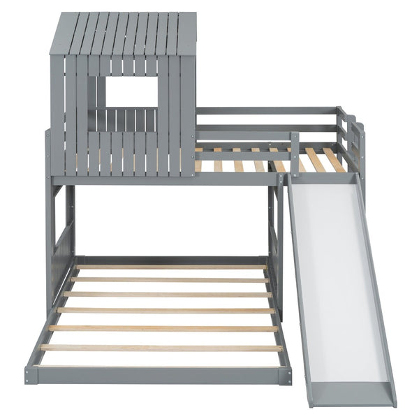 English Elm Wooden Twin Over Full Bunk Bed Farmhouse Playhouse Slide Pinewood Kids Loft Gray LT000328AAN