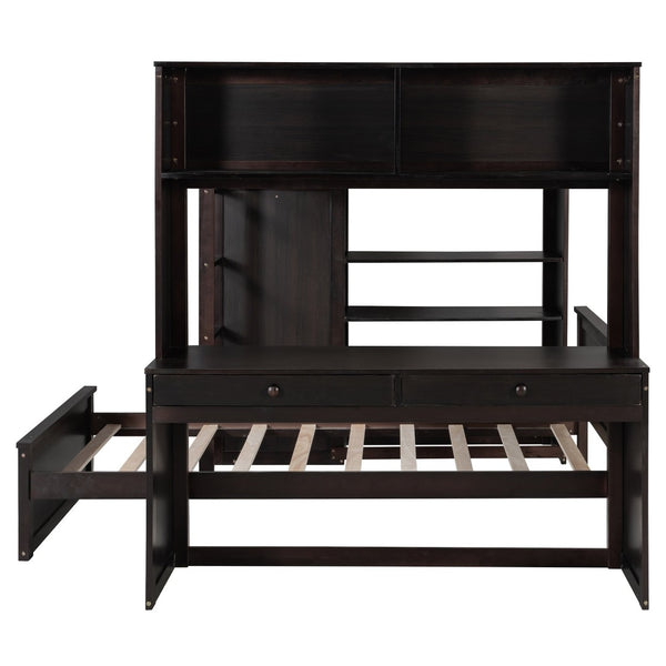 English Elm Full Twin Loft Bed with Desk Wardrobe Shelves Pine Wood Frame Kids Bedroom Espresso LT000821AAP-1