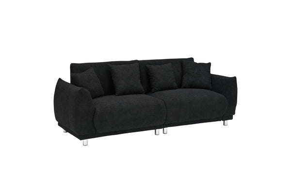 English Elm 86.6 Inch Teddy Fleece Three-seat Sofa with Silver Legs and Four Plush Pillows Black W1658S00158