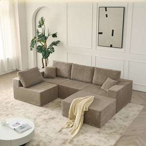 English Elm 139.3" Modular Sectional Sofa - Cloud-Like Boneless Corduroy Couch with Ottoman, 2 Pillows, No Assembly Grey W2656S00010