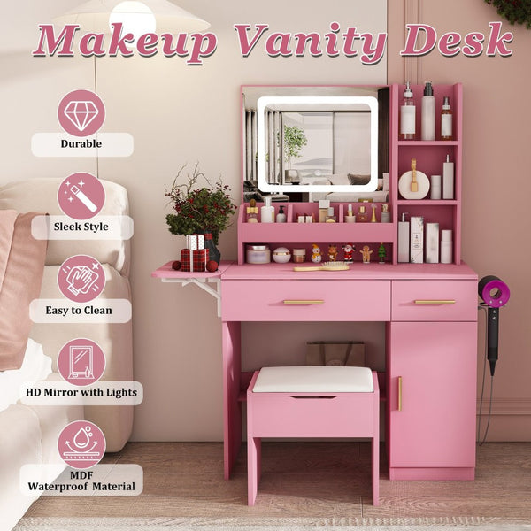 English Elm Vanity Desk with Led Mirror Power Station 3 Drawers Shelves and Makeup Stool W2700P342539