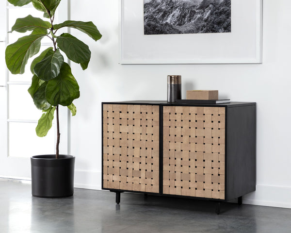Sunpan Omari Sideboard - Stylish Suede Light Tan Leather with Unique Weaved Design and Matte Black Base Small - 40W x 22D x 31H