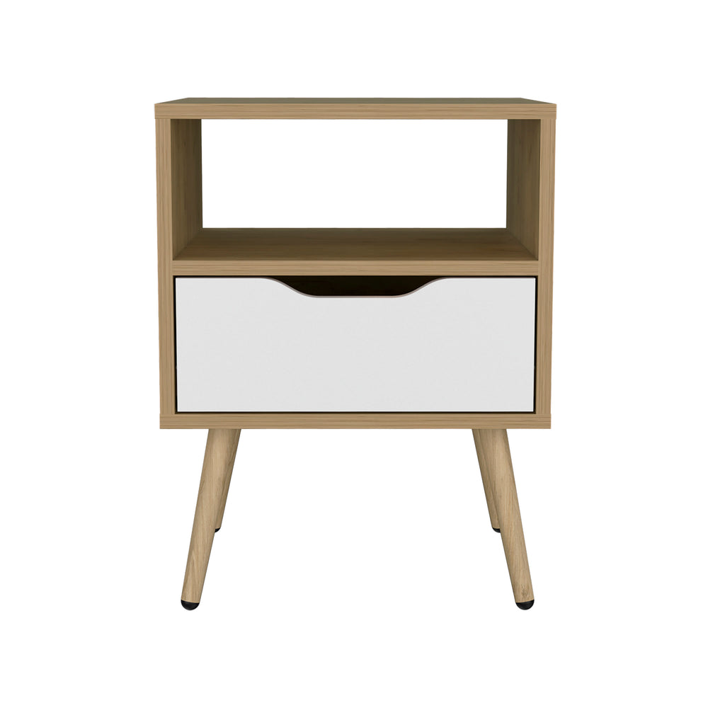 English Elm Wenden 21" High Nightstand with Drawer & Open Shelf, Two-Tone Natural Oak & White, Compact Chic B200P335299
