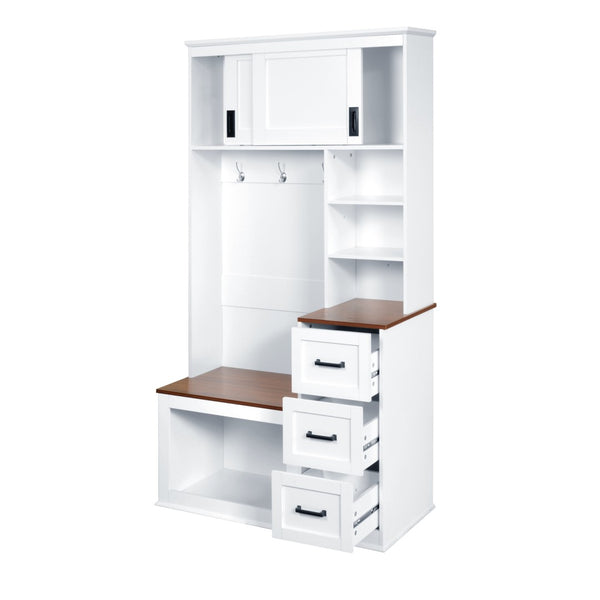 English Elm U-can Hall Tree with Storage Bench Three Drawers Open Shelves and Hooks for Entryway N724P380403K
