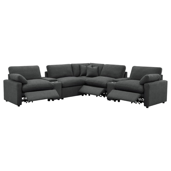 English Elm Dark Grey Modular Sectional with Power Recliners Consoles and Lift Top Storage B062S01848