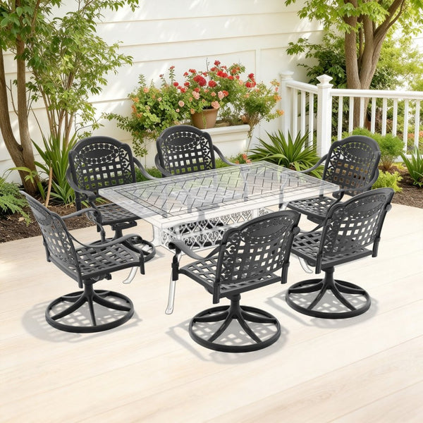 English Elm Cast Aluminum Swivel Patio Dining Chairs Set of Six with Ornate Carved Frame W1710S00673