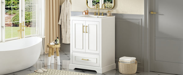 English Elm 24"Bathroom Modern Vanity with Ceramic Sink, Solid Wood Frame, Soft-Close Doors & Smart Storage System White N729P321378K