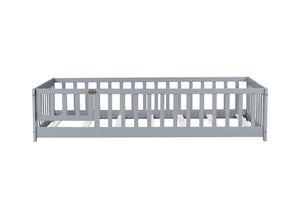 English Elm Twin Solid Rubberwood Floor Bed with Full Perimeter Safety Rails for Toddler Rooms Grey W504P296776