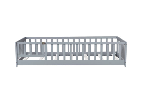 English Elm Twin Solid Rubberwood Floor Bed with Full Perimeter Safety Rails for Toddler Rooms Grey W504P296776