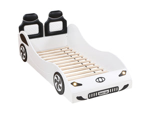 English Elm Colen Twin Car Bed with LED Lights, White PU Upholstery, Wheels Trim, No Box Spring Needed – Kid's Stylish Sleep Racer B2726S00074