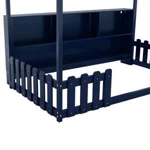 English Elm Twin House Bed with LED Light and Built-In Bookshelf, Solid Wood Playhouse Design for Kids Safety Navy Blue 78.15 L x 15.75 W x 6.1 H W2593P269090