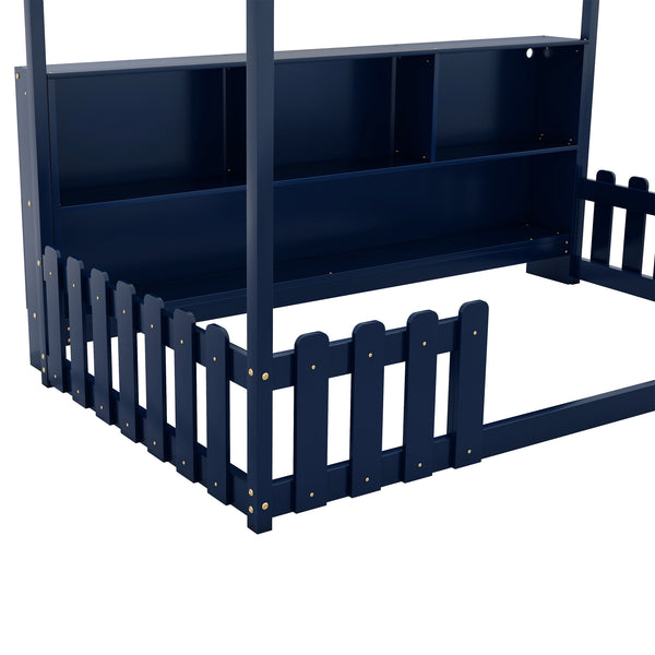 English Elm Twin House Bed with LED Light and Built-In Bookshelf, Solid Wood Playhouse Design for Kids Safety Navy Blue 78.15 L x 15.75 W x 6.1 H W2593P269090