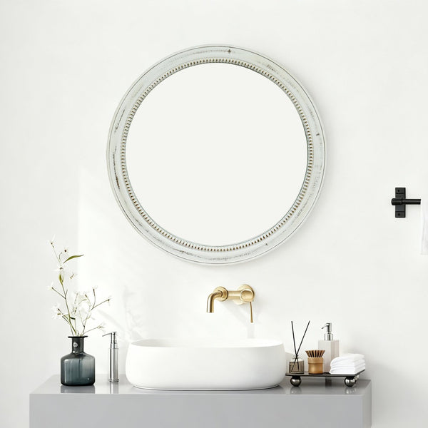 English Elm Round Distressed White Wood Beaded Wall Mirror – Vintage Farmhouse Accent For Brightening Spaces W2295P388974-GIGA