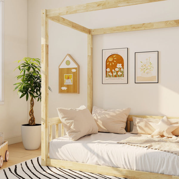 English Elm Twin Canopy Floor Bed Rubberwood Frame with Fence Guardrails for Kids Bedroom Natural W504P351804