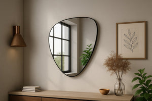 Meridian Furniture Finch Organic Pebble Shaped Iron Wall Mirror Sculptural Accent for Modern Home Decor Black 29" W x 36" H 419Black-36M