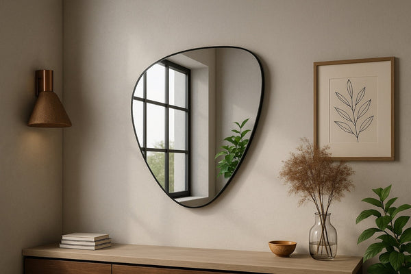 Meridian Furniture Finch Organic Pebble Shaped Iron Wall Mirror Sculptural Accent for Modern Home Decor Black 29" W x 36" H 419Black-36M