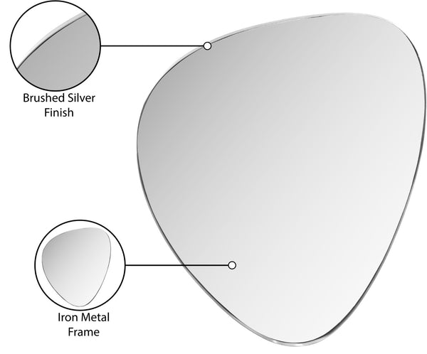 Meridian Furniture Finch Organic Pebble Shaped Iron Wall Mirror Sculptural Accent for Modern Home Decor Silver 17" W x 24" H 419Silver-24M
