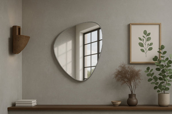 Meridian Furniture Finch Organic Pebble Shaped Iron Wall Mirror Sculptural Accent for Modern Home Decor Silver 17" W x 24" H 419Silver-24M