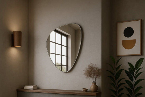 Meridian Furniture Finch Organic Pebble Shaped Iron Wall Mirror Sculptural Accent for Modern Home Decor Silver 23" W x 30" H 419Silver-30M