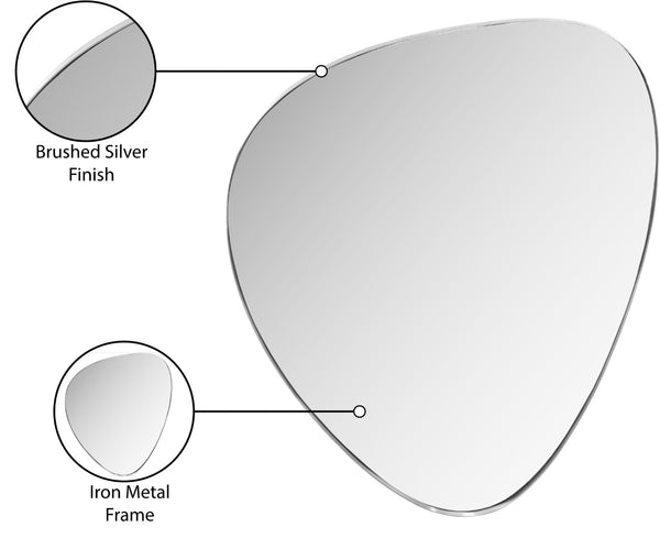 Meridian Furniture Finch Organic Pebble Shaped Iron Wall Mirror Sculptural Accent for Modern Home Decor Silver 29" W x 36" H 419Silver-36M