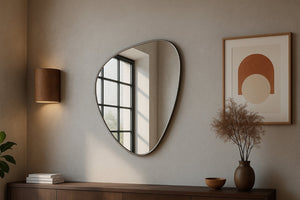 Meridian Furniture Finch Organic Pebble Shaped Iron Wall Mirror Sculptural Accent for Modern Home Decor Silver 29" W x 36" H 419Silver-36M