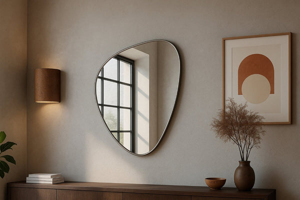 Meridian Furniture Finch Organic Pebble Shaped Iron Wall Mirror Sculptural Accent for Modern Home Decor Silver 29" W x 36" H 419Silver-36M