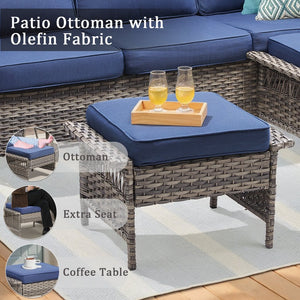 English Elm Outdoor Handwoven Pe Wicker Ottoman Set Patio Footrests with Weather Resistant Cushions Blue T3773P416509