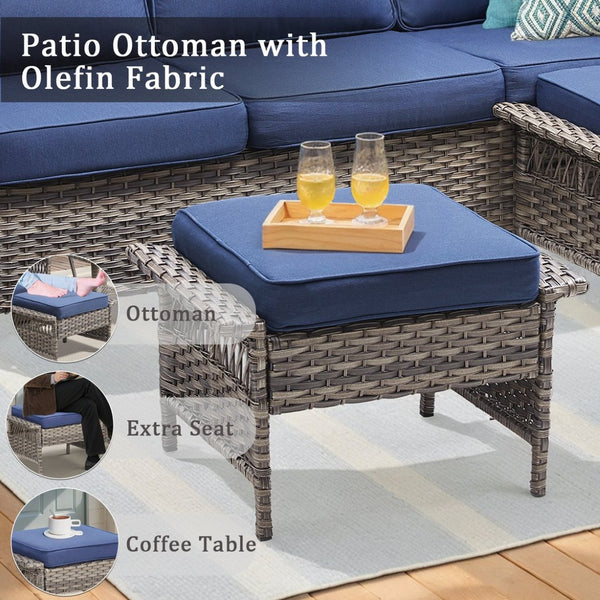 English Elm Outdoor Handwoven Pe Wicker Ottoman Set Patio Footrests with Weather Resistant Cushions Blue T3773P416509