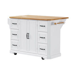 English Elm K&K 56-Inch Kitchen Island Cart with Embossed Vertical Stripe, Drop Leaf, Charging Station, Storage White N707P266184W