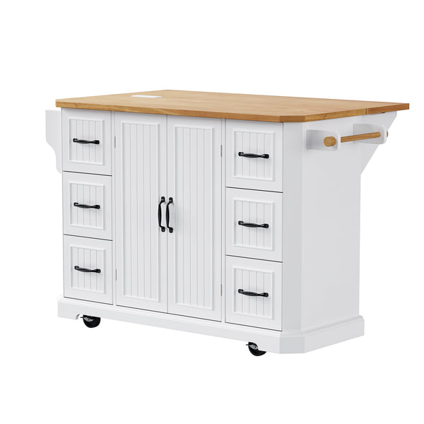 English Elm K&K 56-Inch Kitchen Island Cart with Embossed Vertical Stripe, Drop Leaf, Charging Station, Storage White N707P266184W