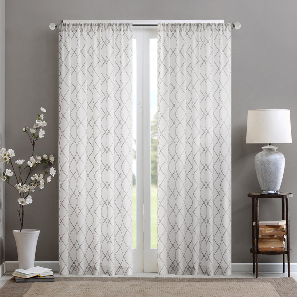 JLA Home Madison Park - Diamond Sheer Window Curtain Panel with Embroidered Diamond Texture, Light-Filtering Elegant Drapery White/Grey MP40-2331