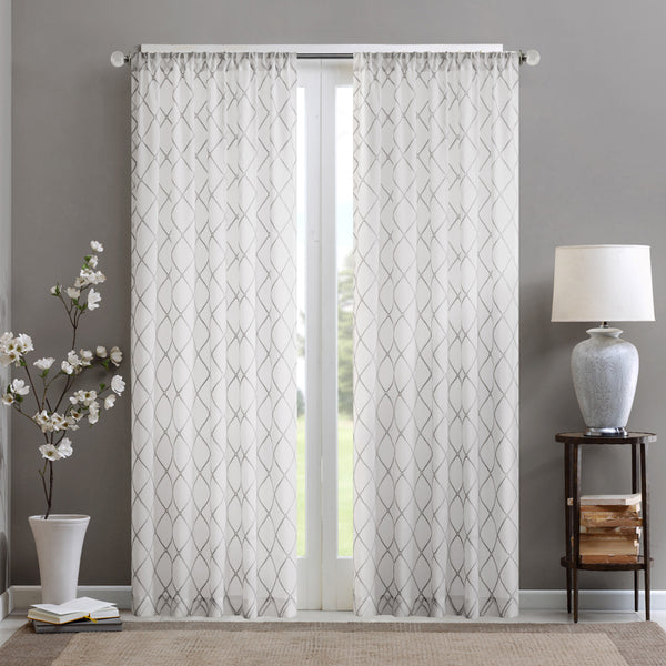 JLA Home Madison Park - Diamond Sheer Window Curtain Panel with Embroidered Diamond Texture, Light-Filtering Elegant Drapery White/Grey MP40-2331