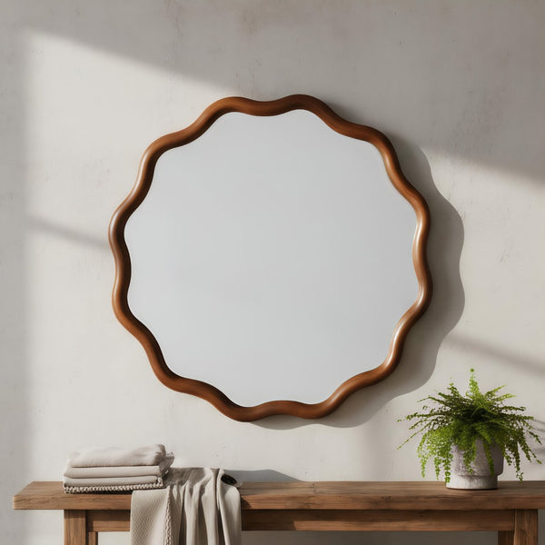 English Elm Black Walnut Solid Wood Wavy Round Mirror Sculptural Wall Accent for Any Room W2203P455240