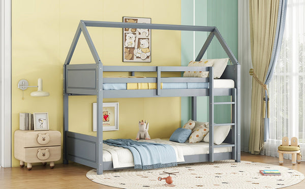 English Elm Twin Over Twin House-Style Bunk Bed With Safety Guardrails, Ladder & Durable Light Grey Finish W504P227934-GIGA