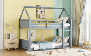 English Elm Twin House-Style Floor Bunk Bed With Safety Guardrails, Durable Rubberwood, And Fun Grey Finish W504P314947-GIGA