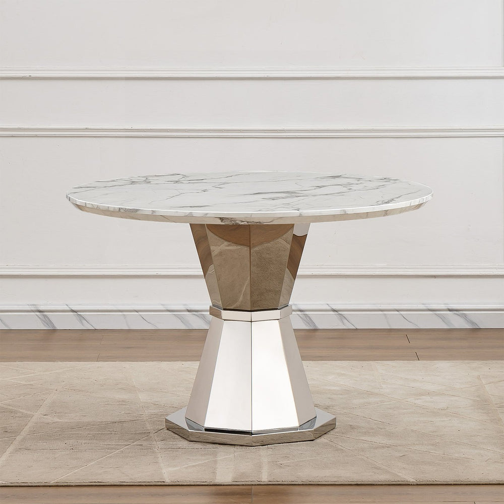 English Elm 47" Round Marble Dining Table | Modern High Gloss Faux Marble & Stainless Steel Base For Any Space W3456S00003
