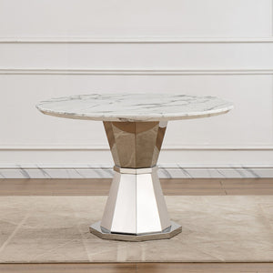 English Elm 47" Round Marble Dining Table | Modern High Gloss Faux Marble & Stainless Steel Base For Any Space W3456S00003
