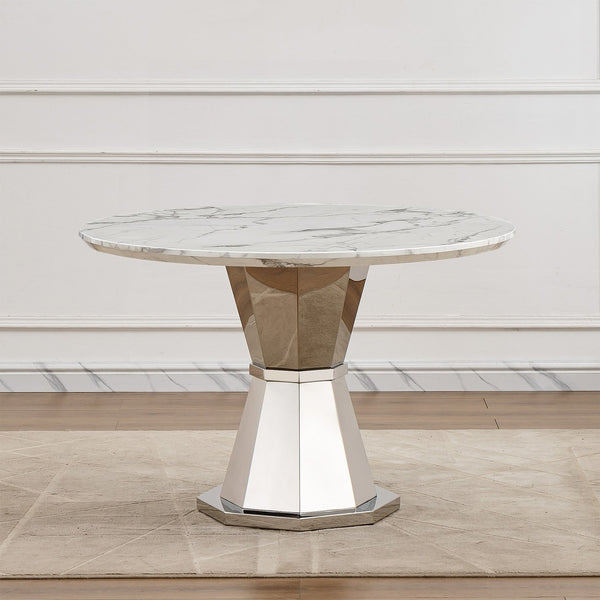 English Elm 47" Round Marble Dining Table | Modern High Gloss Faux Marble & Stainless Steel Base For Any Space W3456S00003